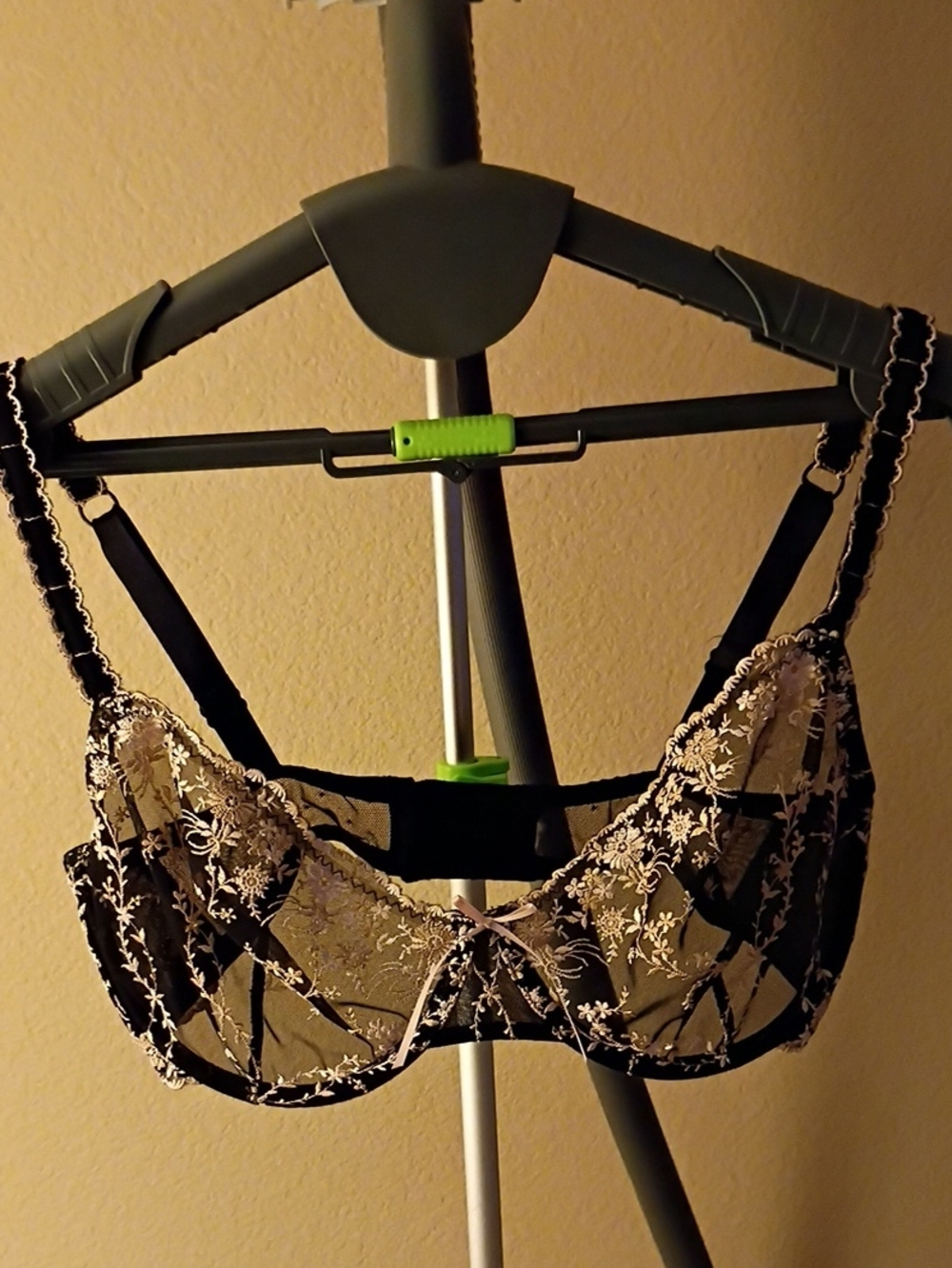 Black Sheer Embroidered Underwire Bra with Cream Floral Detail